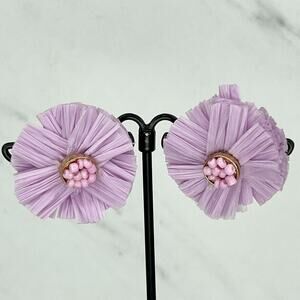 Purple Beaded Straw Flower Post Stud Earrings Pierced Pair